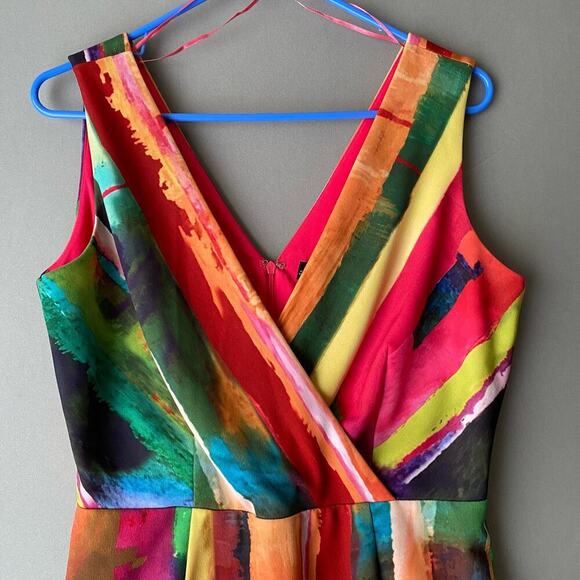 Leslie‎ Fay sz 6 multicolor abstract faux wrap sheath dress - Picture 2 of 8